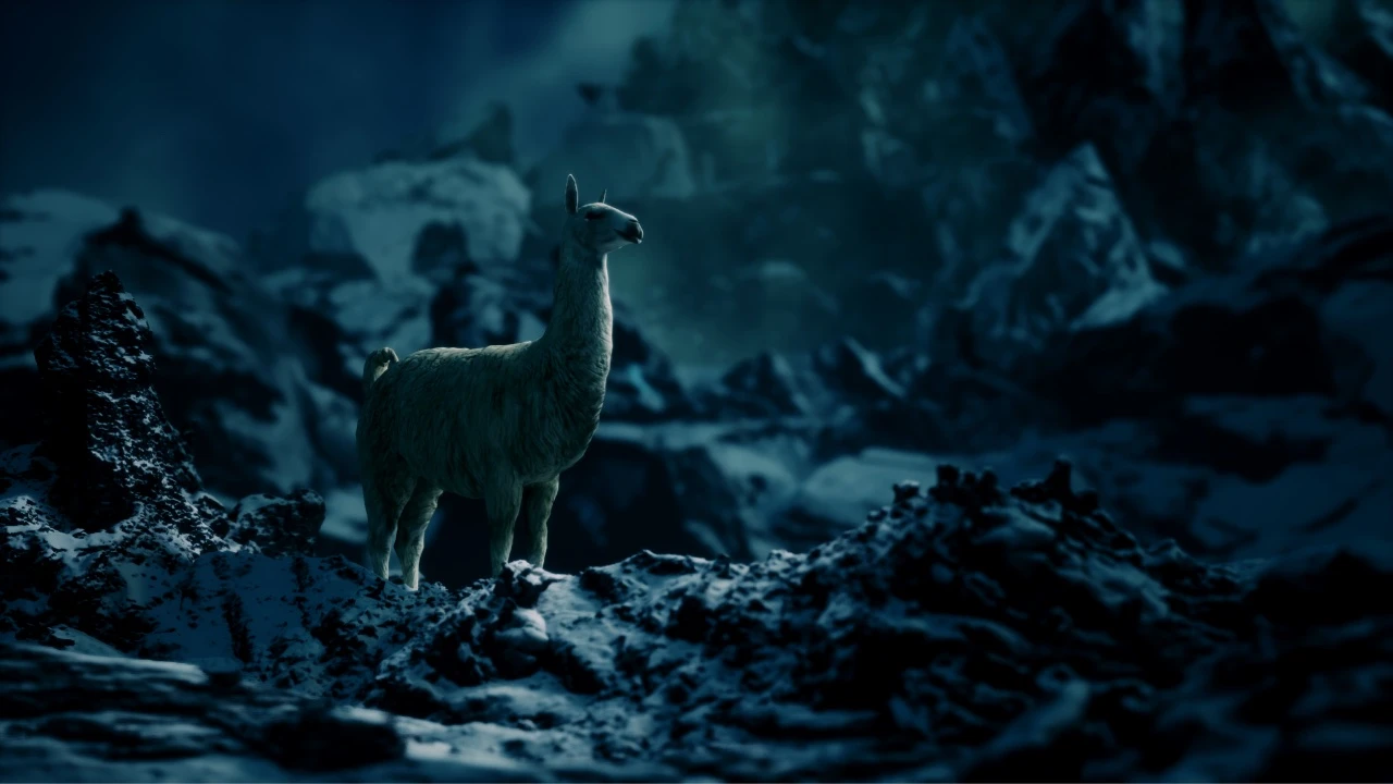Cinematic cover image of a llama standing on snowy rocky terrain under dramatic lighting, created by NOG Studio for Ascension esports tournament by ZQSD Productions, demonstrating detailed 3D rendering and immersive storytelling.