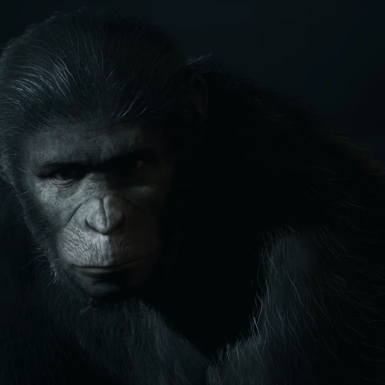 Close-up of ape character from Planet of the Apes game by Cyanide – cinematic lighting by NOG STUDIO
