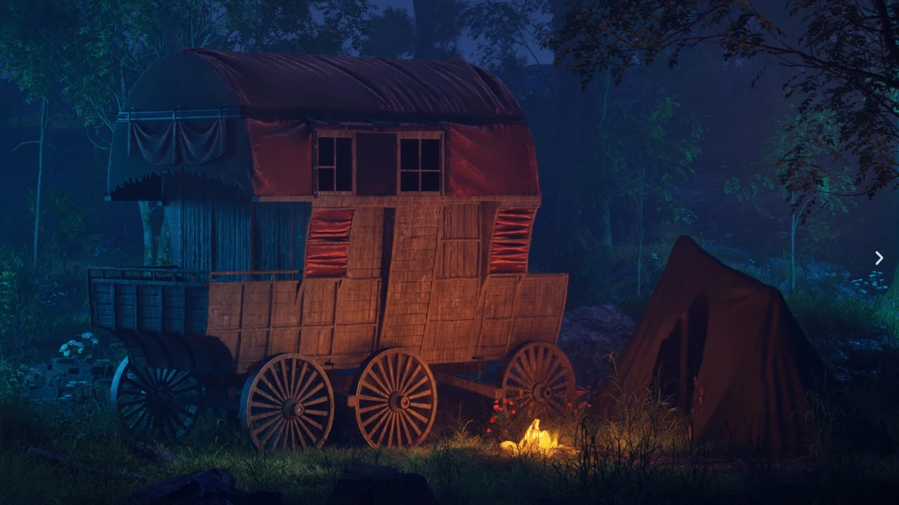 3D scene of a medieval wooden cart with red fabric roof parked in a forest at night beside a tent and campfire, created by NOG Studio for MENYR, showcasing props art expertise in detailed modeling, texturing and environmental integration.