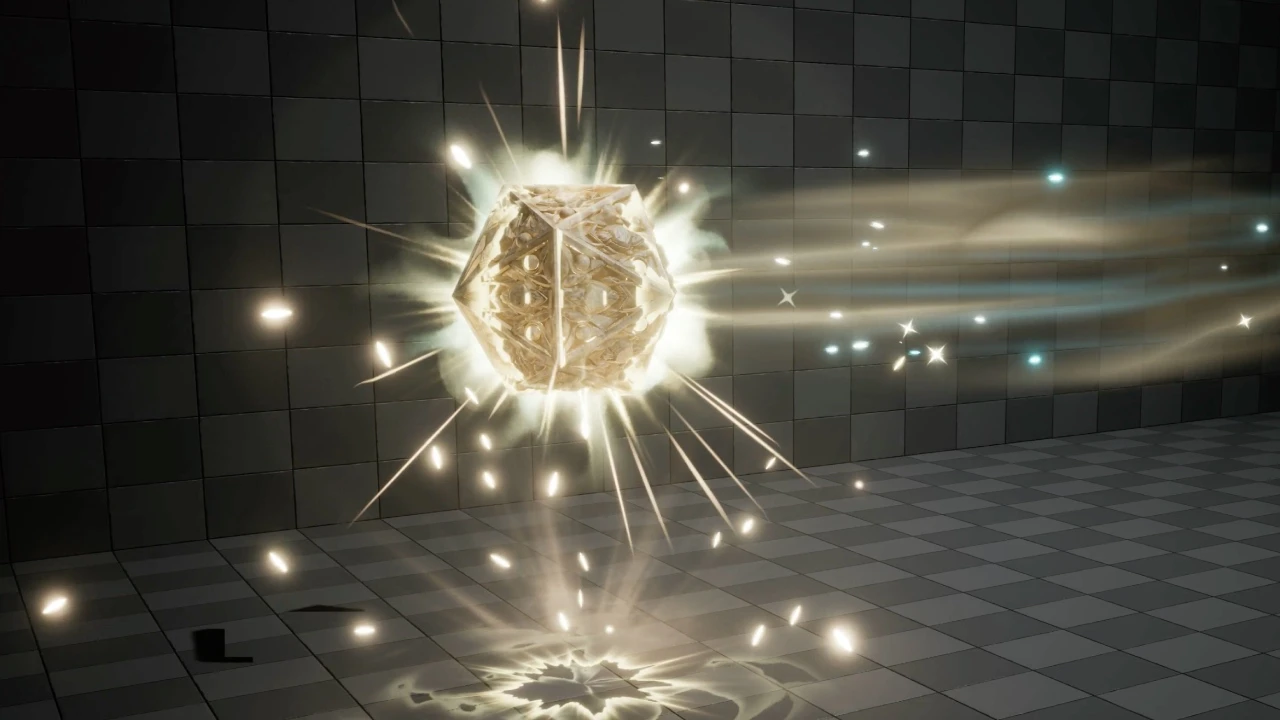3D visual effect of a glowing magical dice emitting bright sparks, light rays and energy trails, created by NOG Studio for MENYR, showcasing VFX expertise in particle effects, gameplay feedback and real-time optimization.