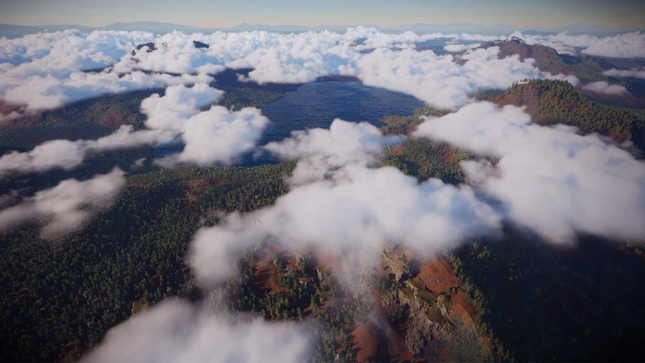 Aerial drone-like view of MENYR environment with dense forests, rocky terrain and lakes partially covered by clouds, created by NOG Studio using technical art expertise in procedural generation, shaders and large-scale world building.
