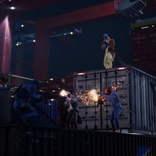 Screenshot from Pay Day 3 showing a high-action gunfight between masked heisters and armed forces on shipping containers at night.
