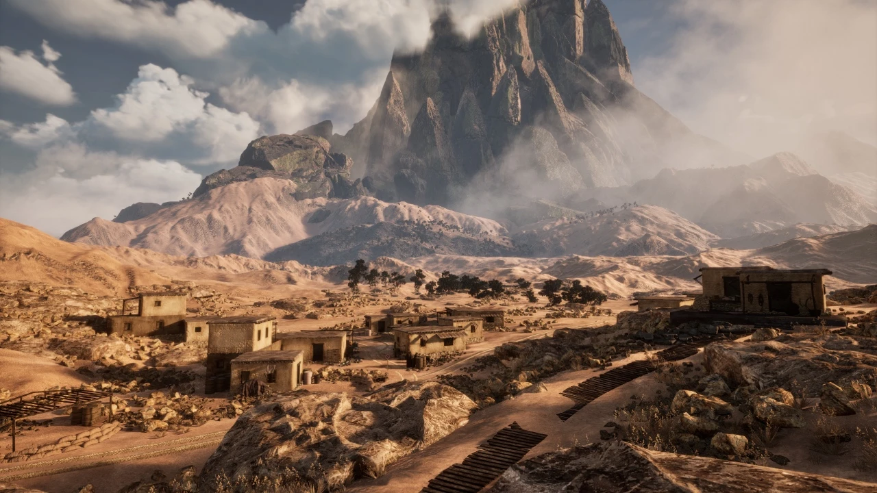 Desert environment with a small village at the foot of a massive mountain, created by NOG Studio for Ascension tournament in collaboration with ZQSD Productions, showcasing level art expertise in composition, staging and environmental storytelling.