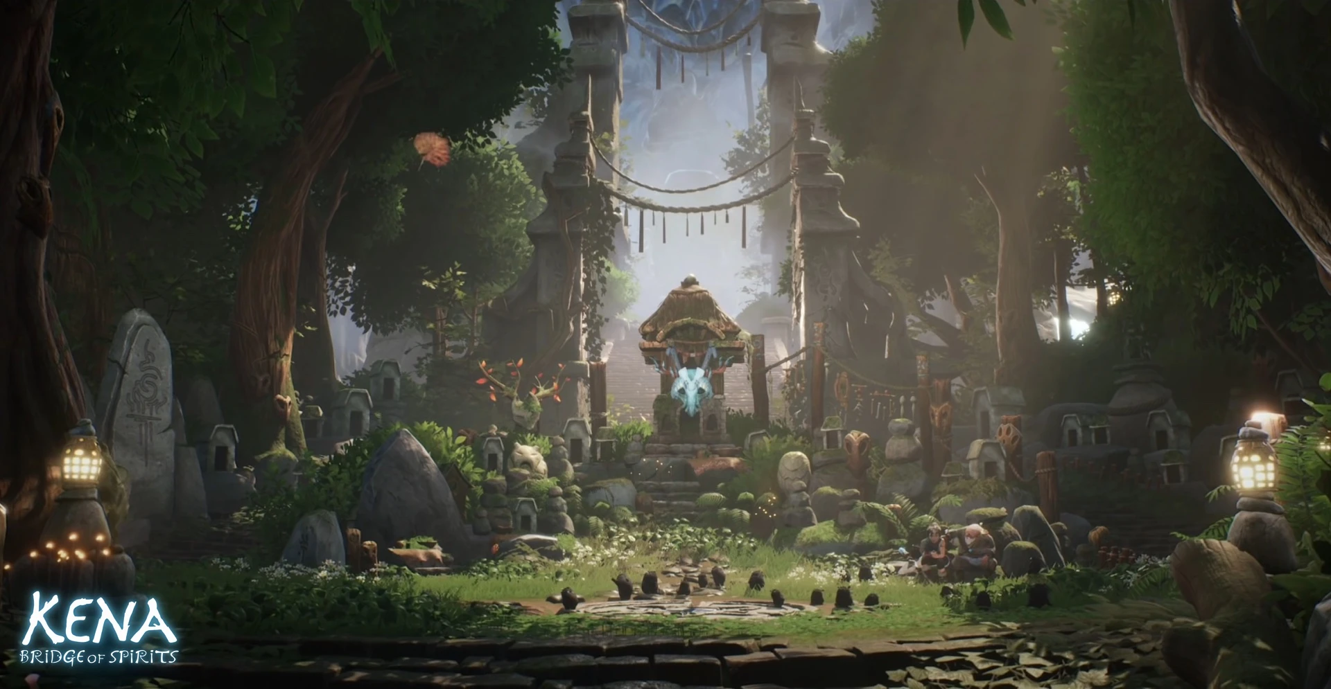 Forest shrine scene from Kena: Bridge of Spirits with glowing lanterns, ancient stones and mystical atmosphere, showcasing lighting and cinematic lighting work by NOG Studio for Ember Lab.