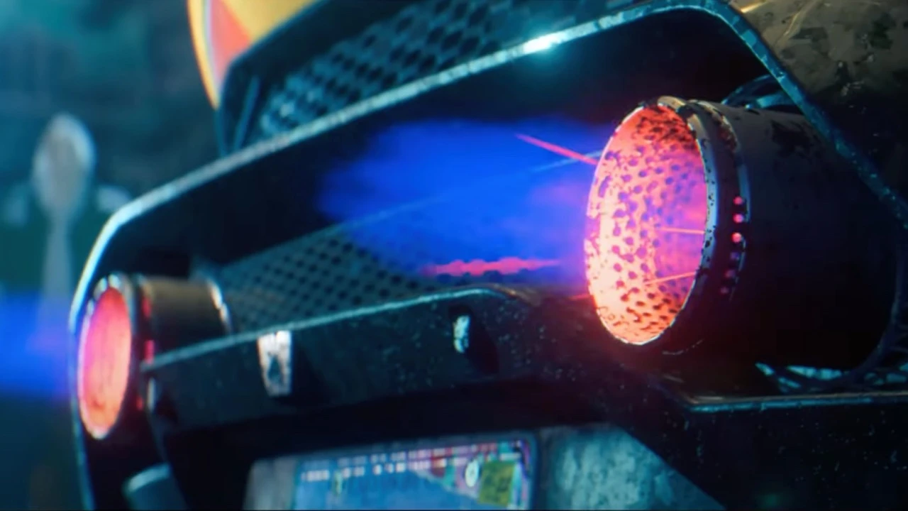 Close-up of a car exhaust with bright blue flames in Need for Speed, featuring cinematic lighting and in-game lighting by NOG Studio in collaboration with Realtime to enhance realism and atmosphere.