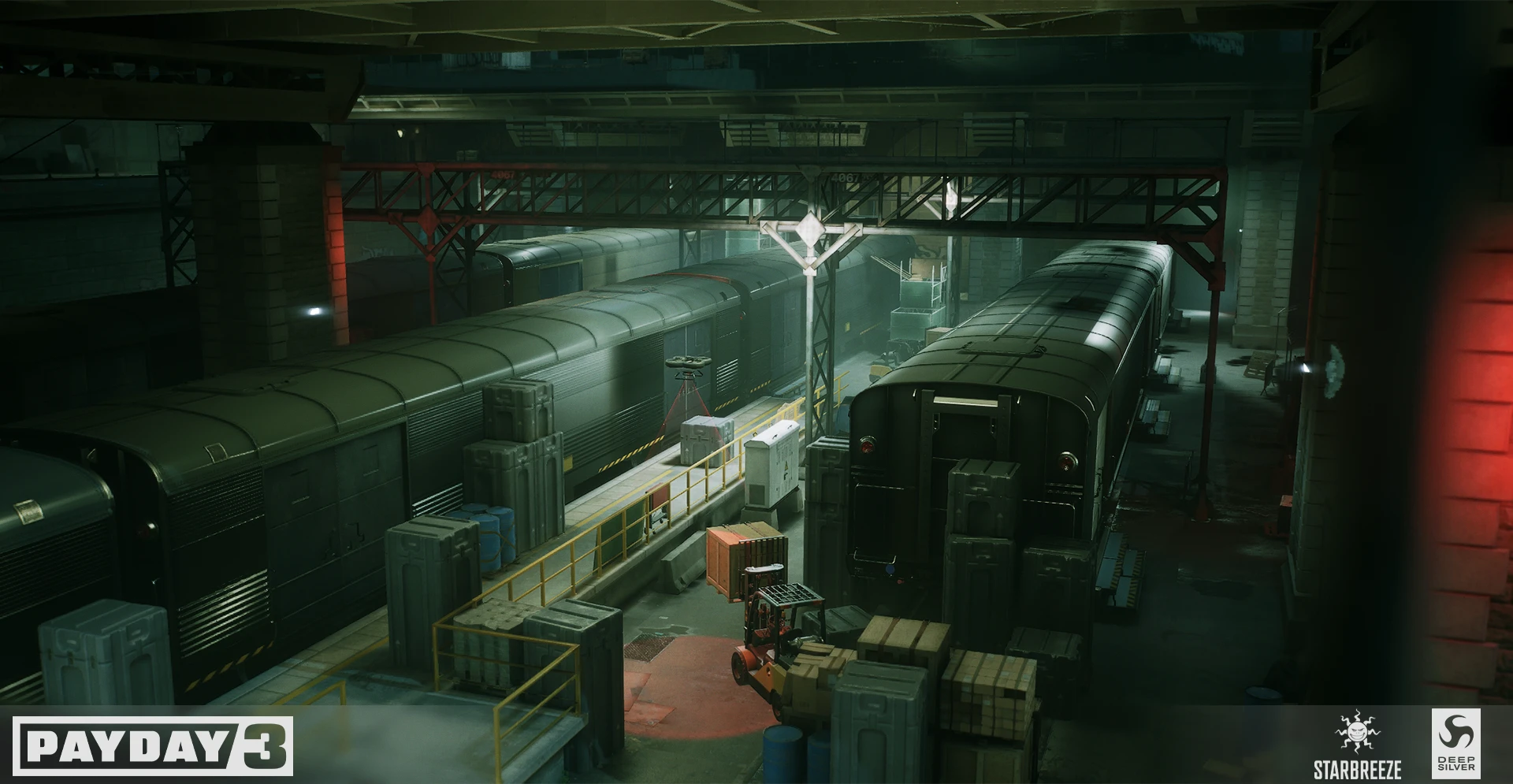 Underground train yard scene in Payday 3 with trains, crates and dramatic spotlights, highlighting advanced lighting design by NOG Studio in collaboration with Starbreeze.