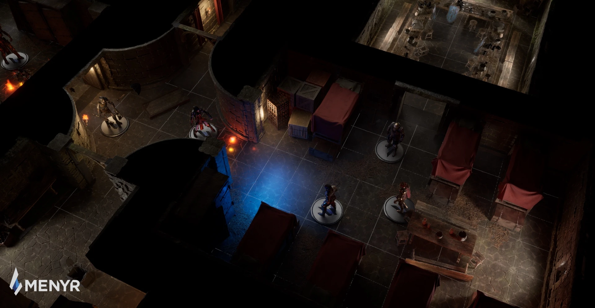 Dungeon environment from MENYR with medieval beds, tables and characters illuminated by torches and magical light, showcasing NOG Studio’s level art expertise in composition, staging and environmental storytelling.