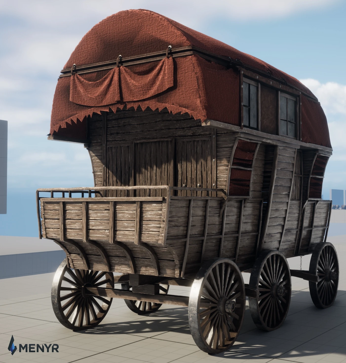 3D model of a medieval wooden cart with red fabric roof and detailed textures, created by NOG Studio for MENYR, showcasing props art expertise in modeling, texturing and engine integration.