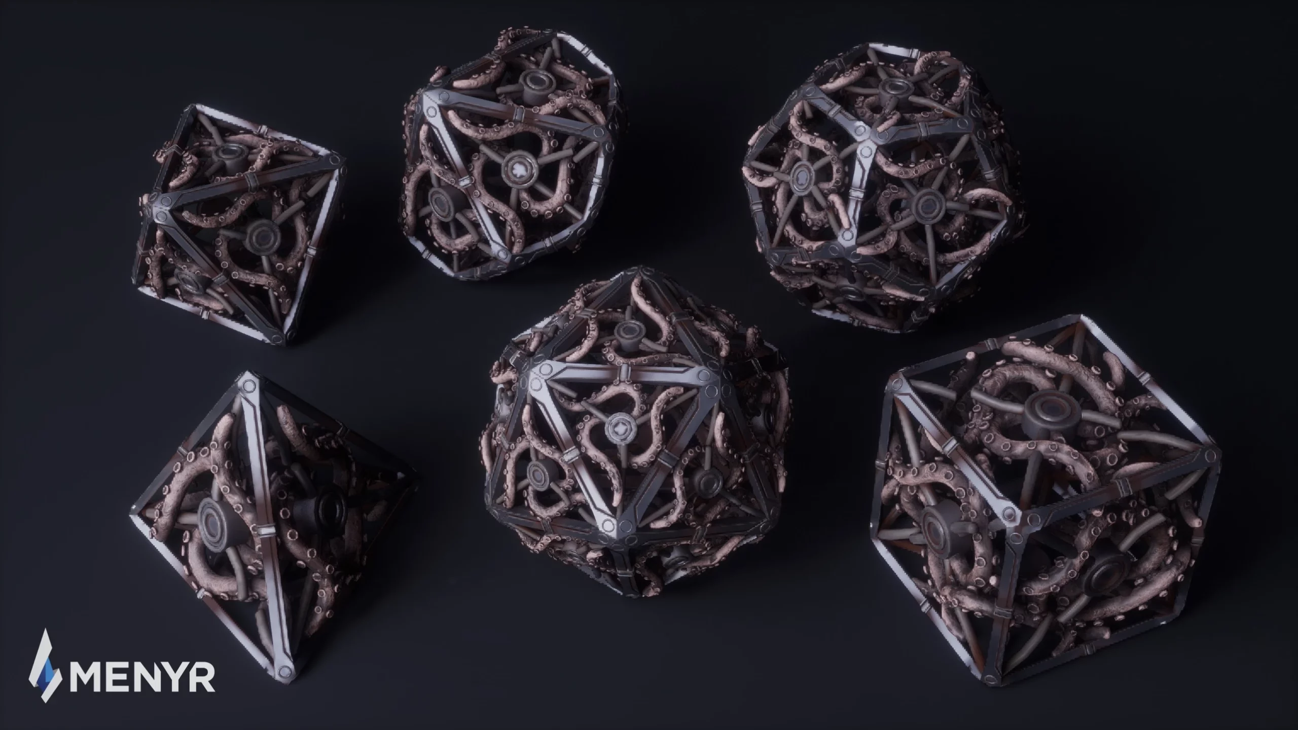 3D models of fantasy dice with metallic frames and organic tentacle-like designs, created by NOG Studio for MENYR, showcasing props art expertise in detailed modeling, texturing and integration into game engines.