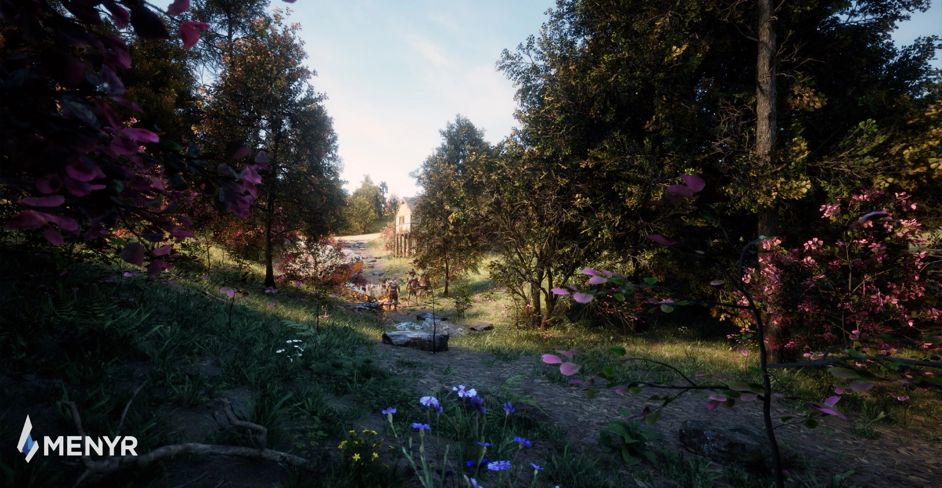 Forest environment from MENYR with dense trees, flowers and a medieval house in the distance, created by NOG Studio using technical art expertise in shaders, procedural generation and production tools to enhance performance and visual quality.