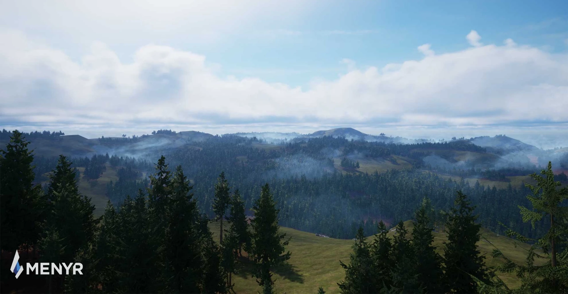 Vast procedural landscape with rolling hills, dense forests and atmospheric fog under a cloudy sky, created by NOG Studio for MENYR using technical art expertise in landscape generation, shaders and performance optimization.