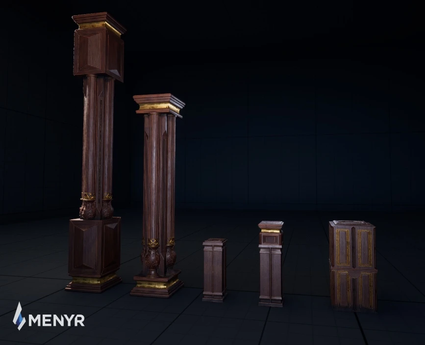 3D models of modular wooden posts with gold details and carved ornaments, created by NOG Studio for MENYR, showcasing props art expertise in asset production, texturing and game engine integration.