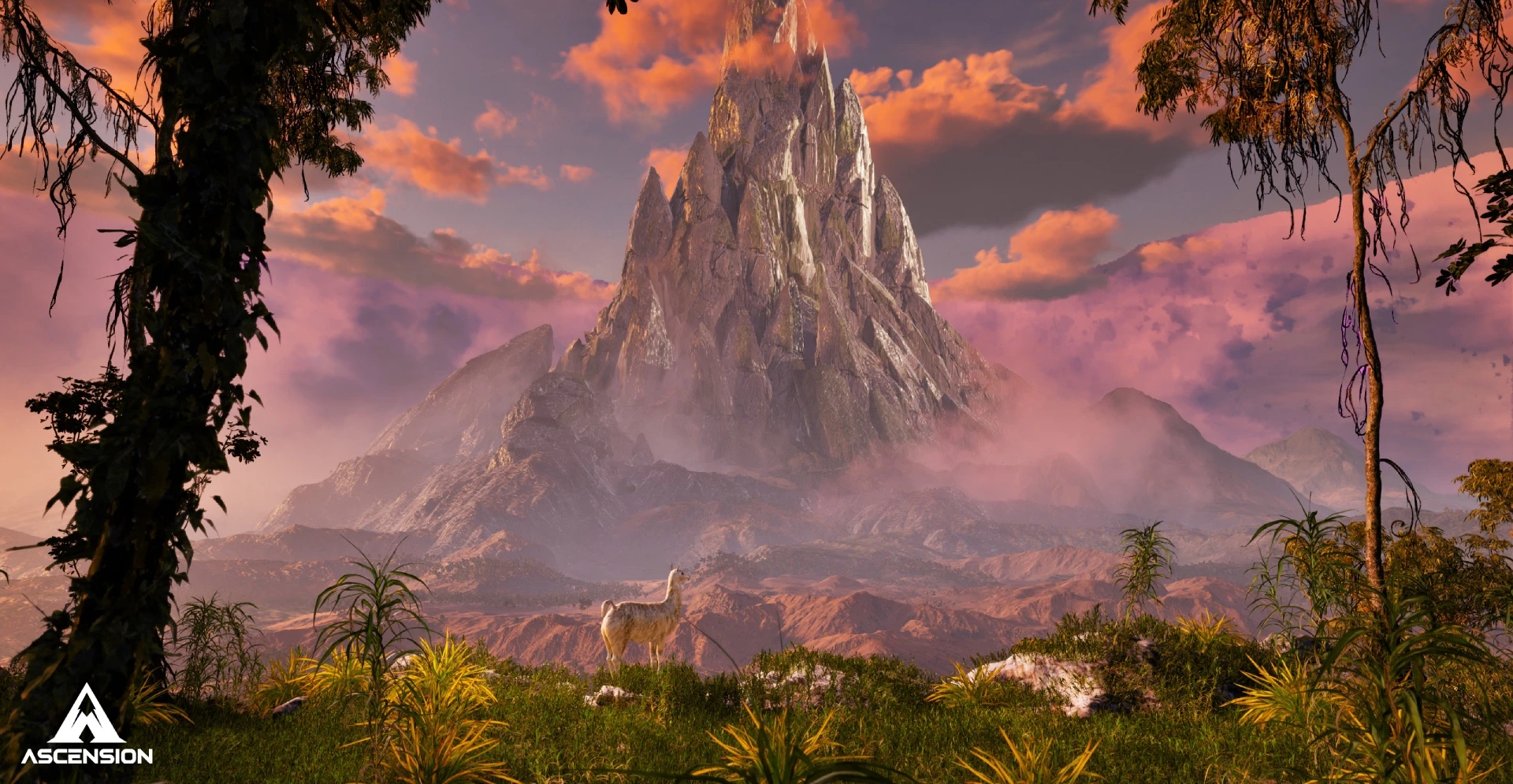 Cinematic shot of a mountain at sunset with a llama in the foreground, created by NOG Studio for Ascension esports tournament by ZQSD Productions, showcasing 3D environments and storytelling expertise.